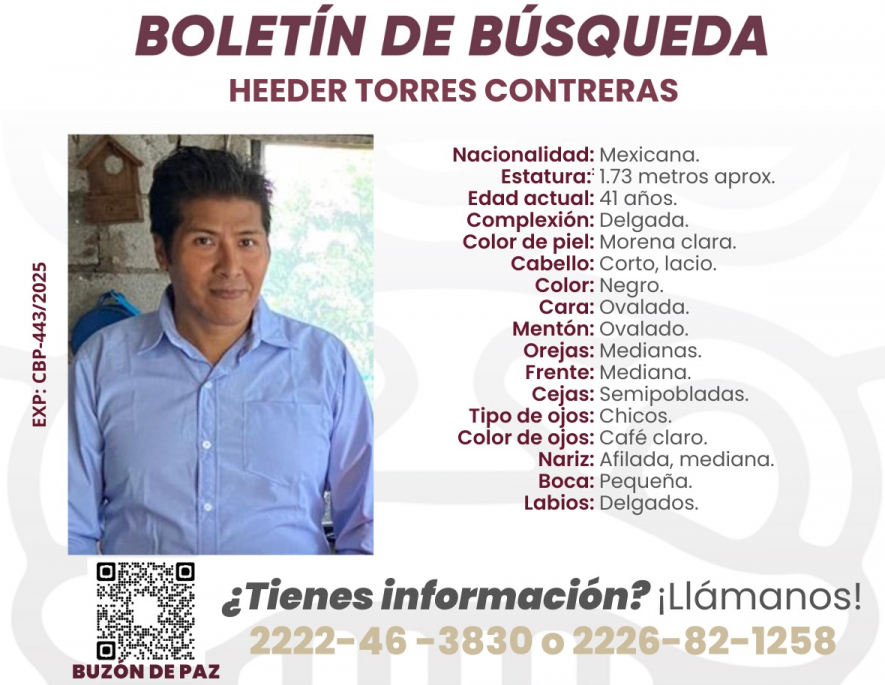 Buscan a Heeder Torres de 41 años, desaparecido en Cañada Morelos