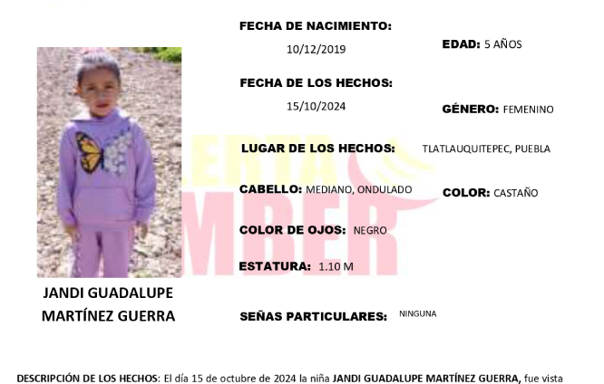 Activan Alerta Amber por desaparición de Jandi de 5 años en Tlatlauquitepec