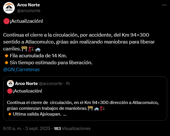 Accidente mantiene cierre parcial en el Arco Norte; fila de vehículos alcanza 14 kilómetros