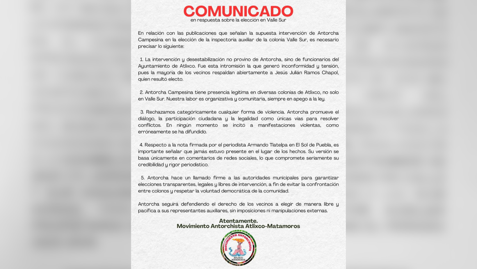 Antorcha Campesina se deslinda de acusaciones políticas en Atlixco