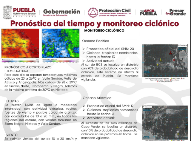 Protección Civil prevé ambiente cálido y lluvias con actividad eléctrica en Puebla