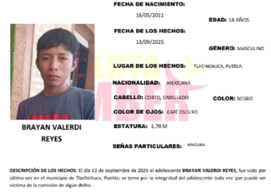 Activan Alerta Amber por desaparición de Brayan de 14 años en Tlachichuca