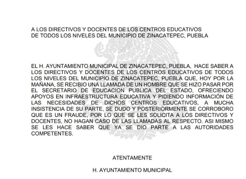Ayuntamiento de Zinacatepec fue víctima de un intento de fraude por falso funcionario de la SEP