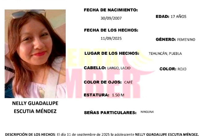 Activan Alerta Amber por desaparición de Nelly Guadalupe en Tehuacán