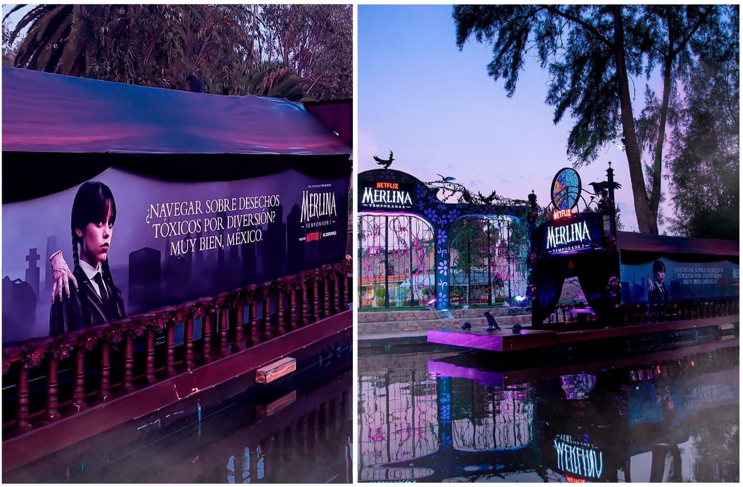 Netflix instala trajinera temática de ‘Merlina’ en Xochimilco para promocionar segunda temporada