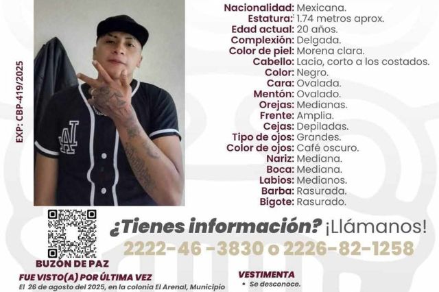 Emiten boletín de búsqueda para localizar Jesús Alejandro visto en Texmelucan