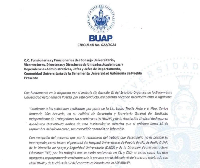 BUAP suspenderá labores el 15 de septiembre y dará medio día a trabajadores el 12