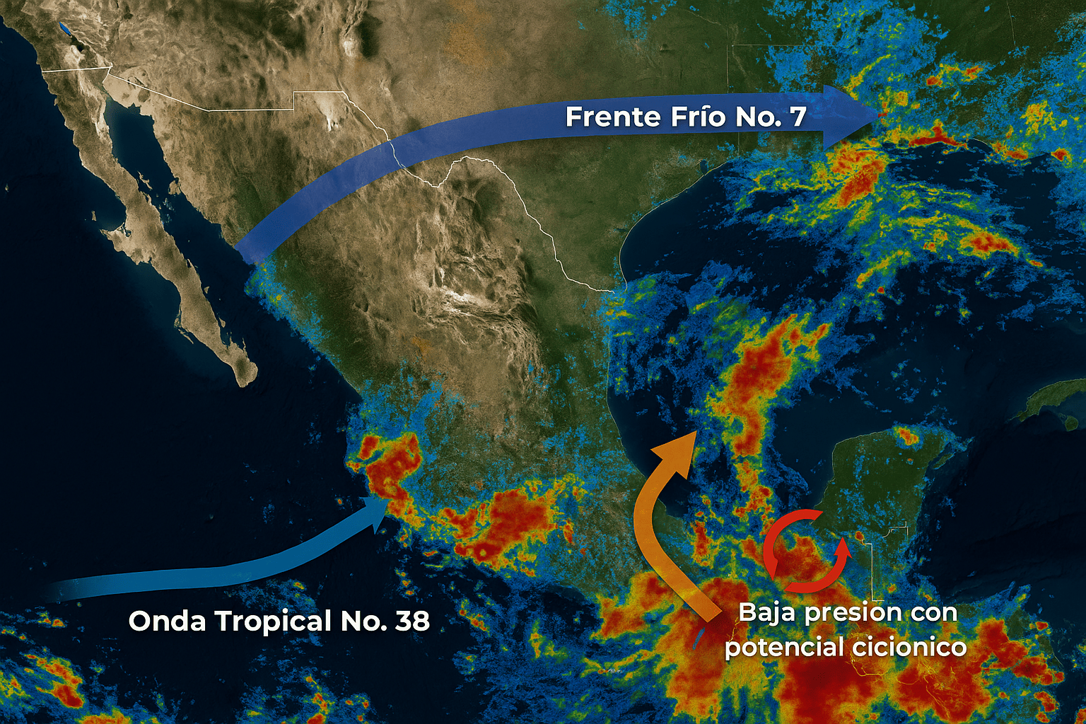 Se intensifican lluvias en el país por ingreso de onda tropical 38 y frente frío 7