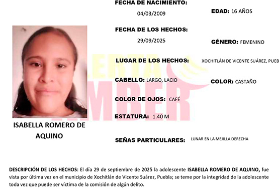 Se activa Alerta Amber por desaparición de adolescente en Xochitlán 