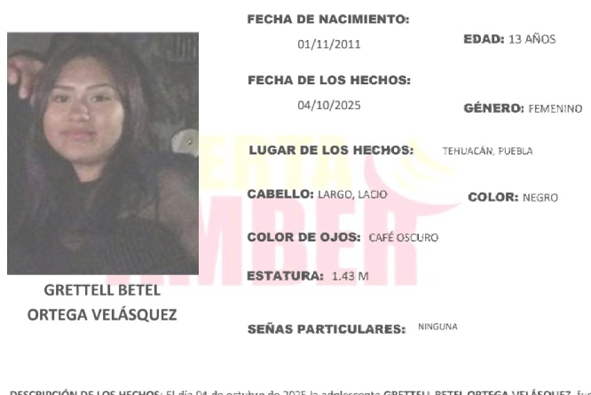 Activan Alerta Amber en Puebla por la desaparición de una adolescente en Tehuacán