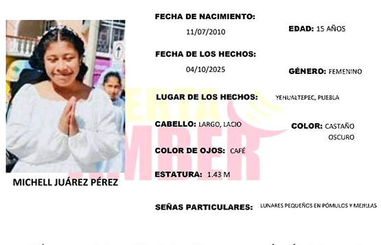 Michell Juárez de 15 años desapareció en Yehualtepec 