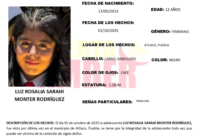 Activa Alerta Amber por la desaparición de una adolescente en Atlixco
