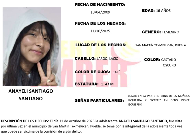 Activan Alerta Amber por desaparición de Anayeli en Texmelucan