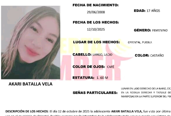 Activan Alerta Amber en Oriental por la desaparición de Akari 
