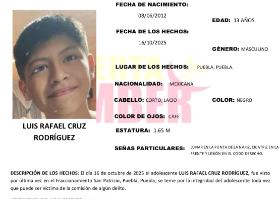 Activan Alerta Amber en Puebla por la desaparición de Luis Rafael 