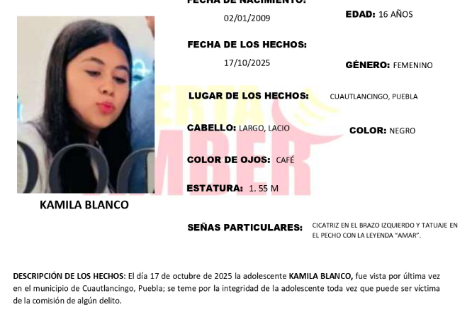 Activan Alerta Amber por desaparición de Kamila, de 16 años, en Cuautlancingo