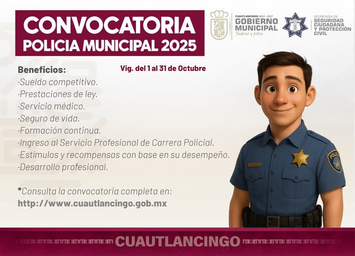 Cuautlancingo lanza convocatoria para reclutamiento de personal de seguridad pública