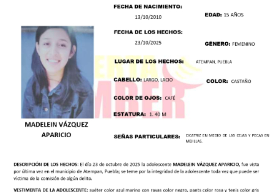 Emiten Alerta Amber en Puebla por la desaparición de adolescente en Atempan
