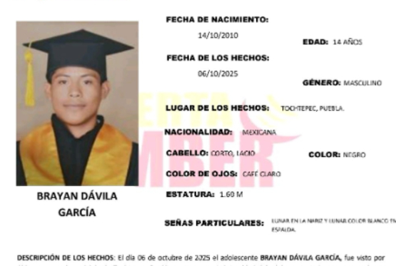 Activan Alerta Amber por la desaparición de Brayan en Tochtepec