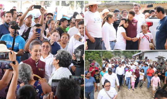 Sheinbaum y Armenta visitan el refugio temporal de El Carrizal, Pantepec