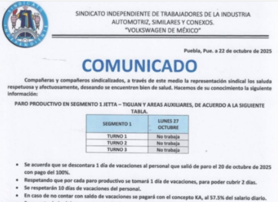 Confirman paro productivo en Volkswagen Puebla el 27 de octubre