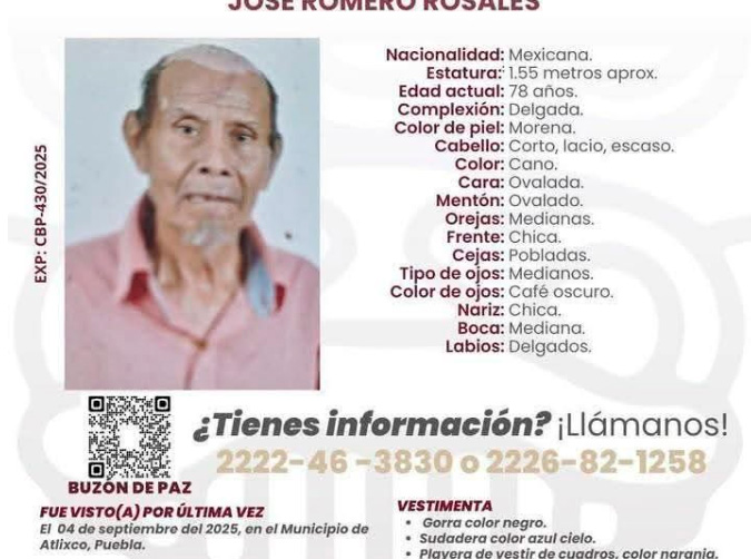 Buscan en Atlixco a José Romero Rosales, adulto mayor 