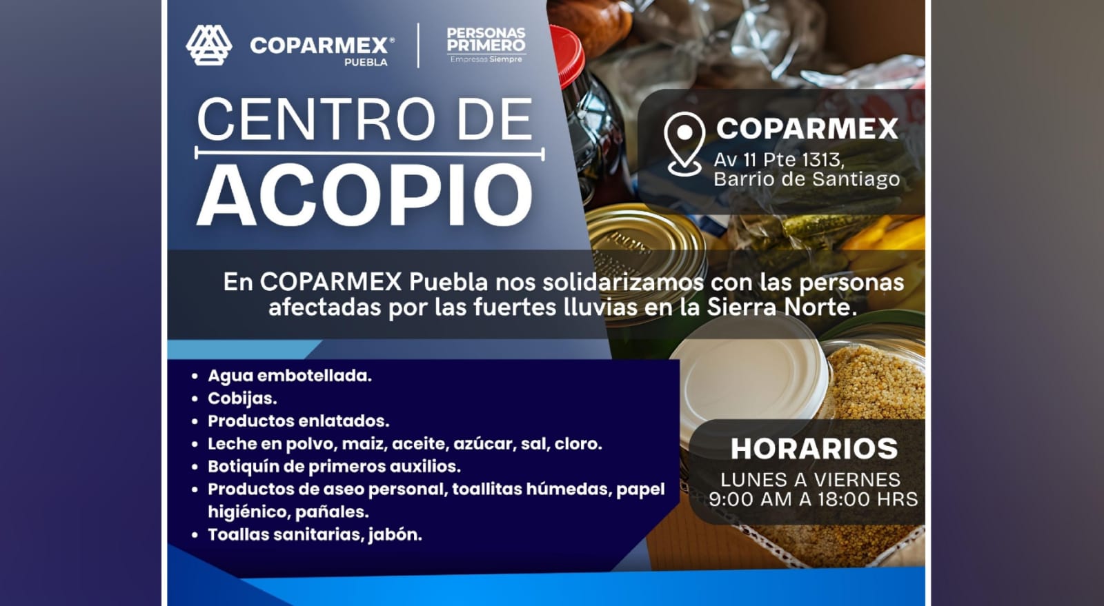 Coparmex Centro de Acopio para ayudar a los afectados por lluvias en la Sierra Norte 