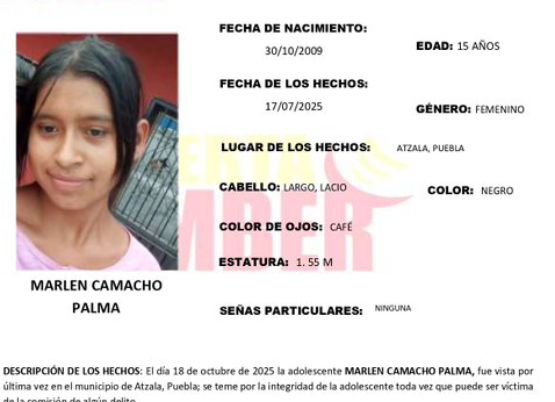 Activan Alerta Amber por la desaparición de Marlen de 15 años en Atzala