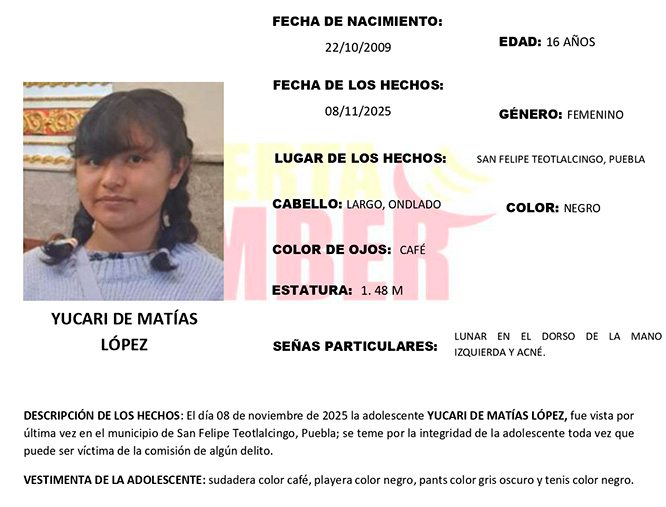 Yucari de 16 años desapareció en San Felipe Teotlalcingo