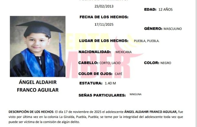 Activan Alerta Amber por la desaparición de Ángel Aldahir en Puebla