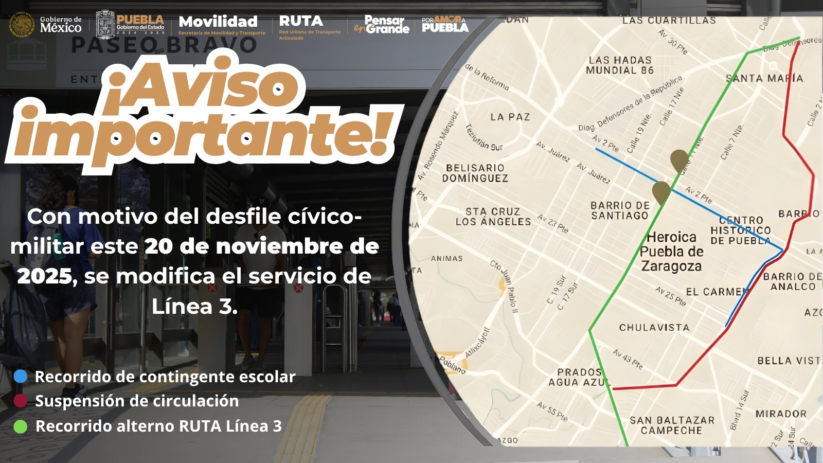 RUTA ajusta servicios por desfile del 20 de noviembre