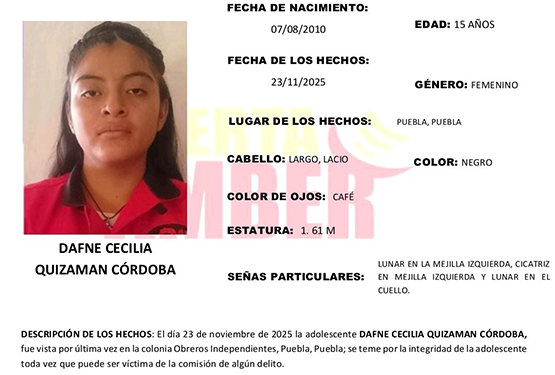 Dafne de 15 años desapareció en la colonia Obreros Independientes en Puebla