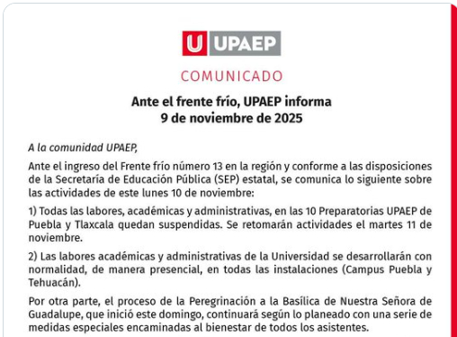 Suspenden clases en preparatorias UPAEP por Frente Frío No. 13