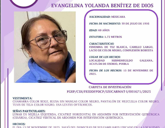 Desaparece mujer de 69 años en localidad de Acatlán