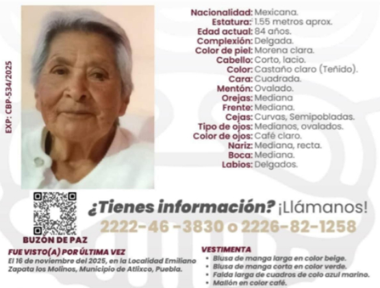 Desaparece mujer de la tercera edad en Atlixco 