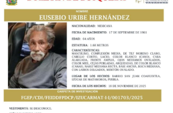 En Izúcar familiares buscan a un hombre de la tercera edad 