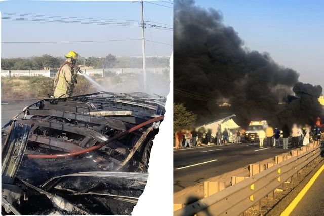 Fuerte choque entre tráileres provoca incendio y bloqueo en la Silao-Irapuato