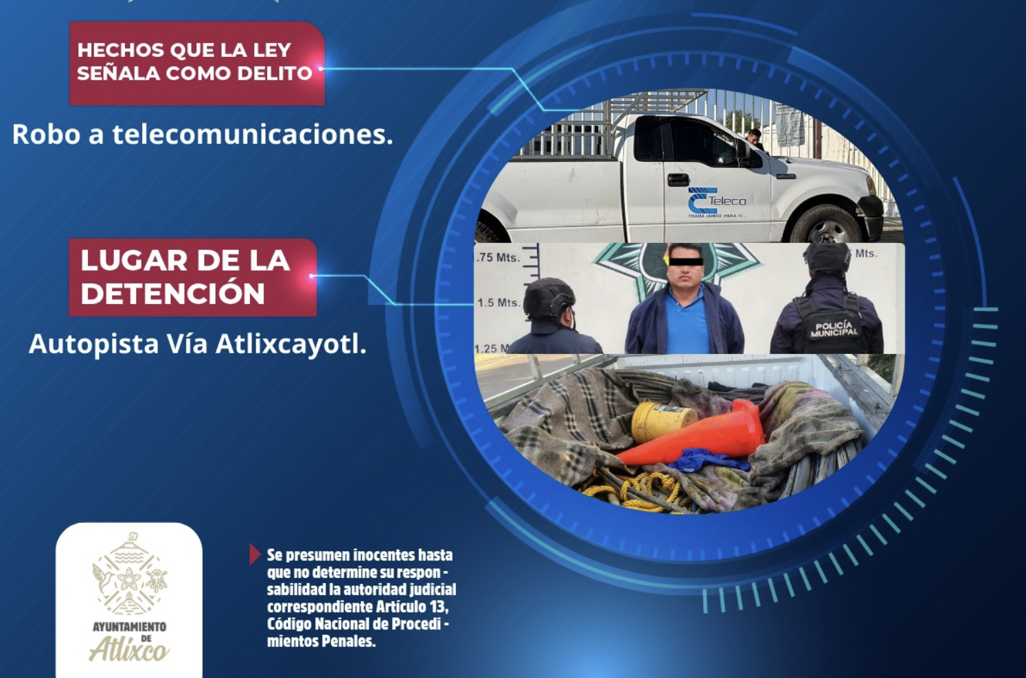 Policía de Atlixco detiene a persona por extracción ilegal de cable y asegura vehículo