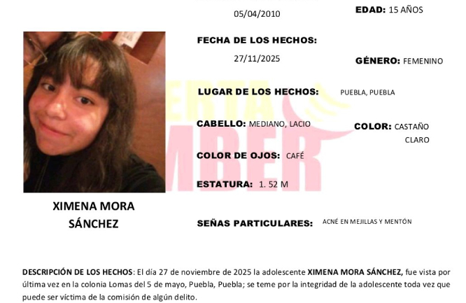 Activan Alerta Amber en Puebla para localizar a Ximena de 15 años