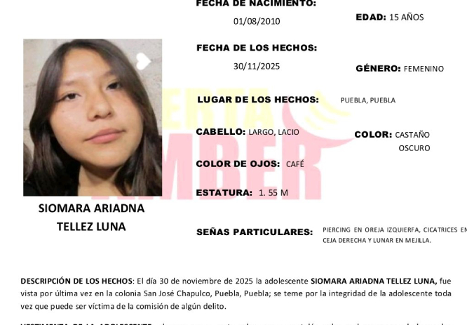 Piden apoyo para localizar a Siomara de 15 años desaparecida en Puebla