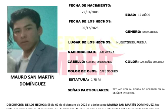 Adolescente de 17 años desaparece en Huejotzingo; activan Alerta Amber 