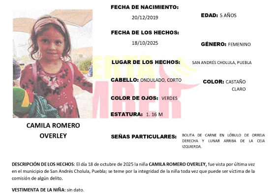Activan Alerta Amber por la desaparición de una niña de 5 años en San Andrés Cholula