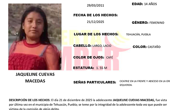 Jaqueline de 14 años desapareció en Tehuacán