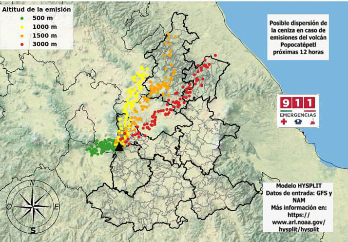 Pronostican caída de ceniza del Popocatépetl en Tlaxcala, Veracruz, Edomex e Hidalgo