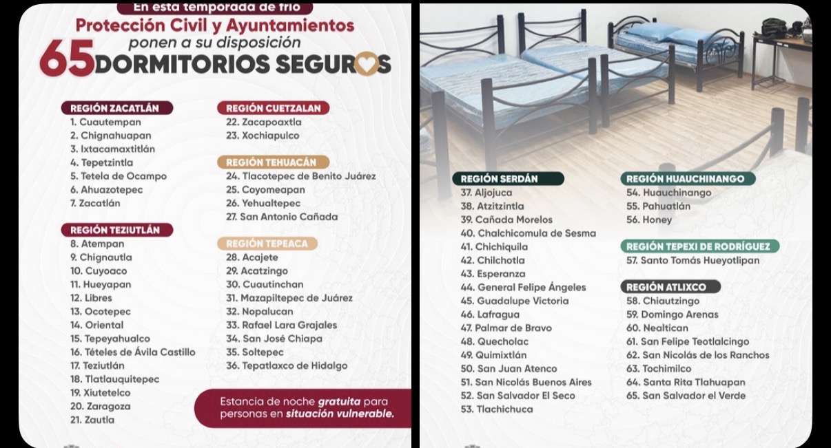 Habilitan 65 dormitorios seguros en Puebla ante descenso de temperatura