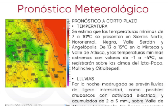 Prevén lluvias ligeras y viento moderado durante la noche y madrugada en Puebla