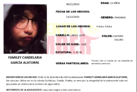 Activan Alerta Amber en Puebla por desaparición de una adolescente de 13 años