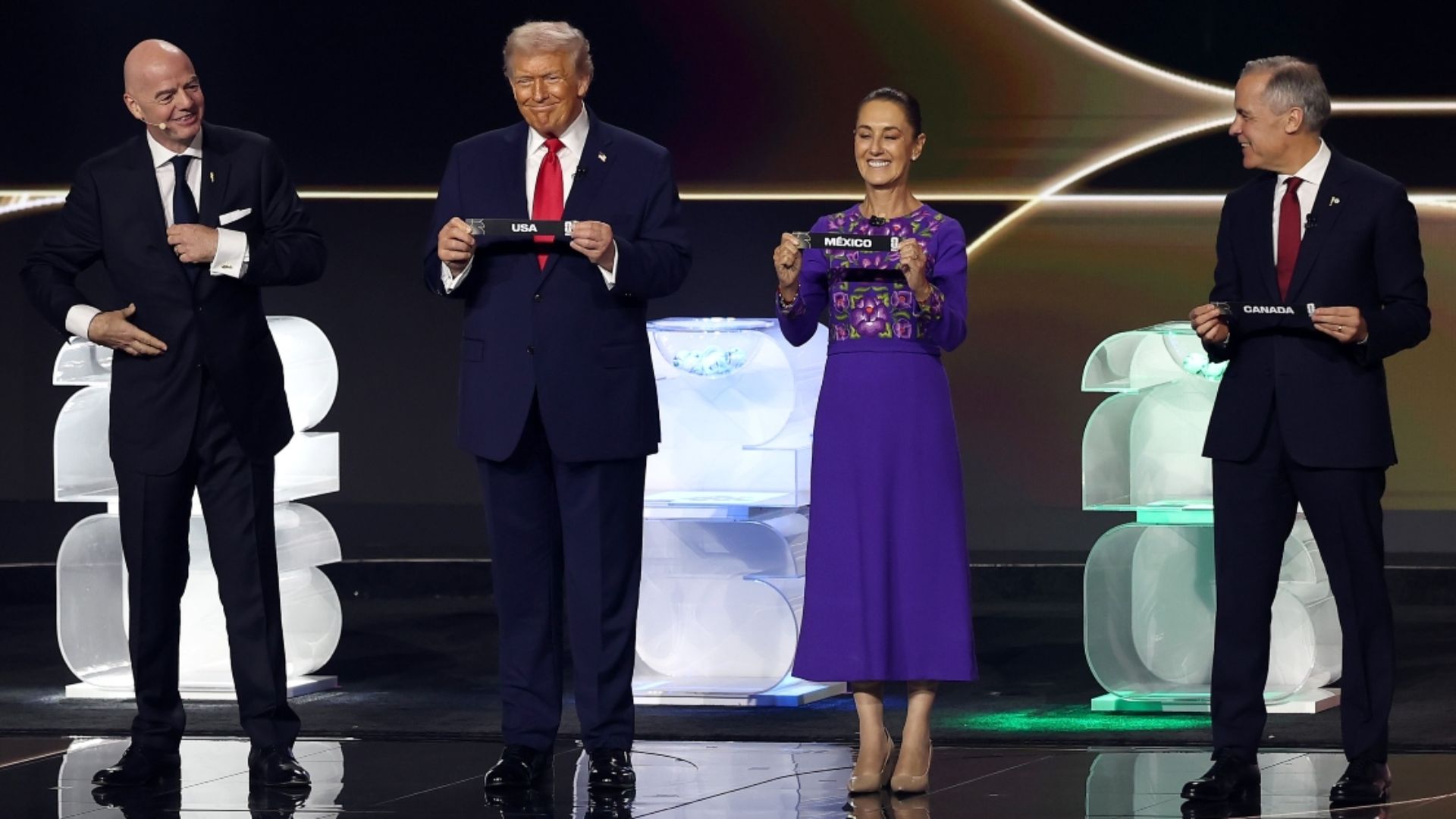 Sheinbaum, Trump y Carney celebran en conjunto el Sorteo del Mundial 2026
