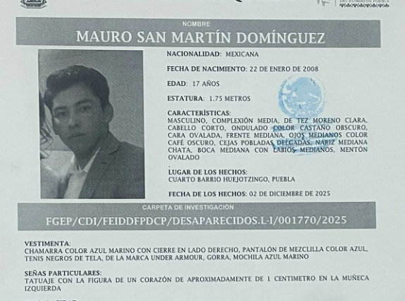 Buscan a Mauro de 17 años; desapareció en Huejotzingo