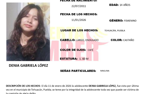 Activan Alerta Amber por desaparición de Denia de 14 años en Tehuacán